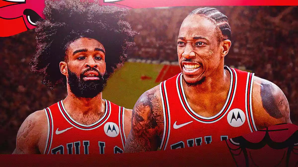 Bulls, Billy Donovan, Coby White, DeMar DeRozan, DeMar DeRozan Bulls, DeMar DeRozan and Coby White in Bulls uni with Bulls arena in the background