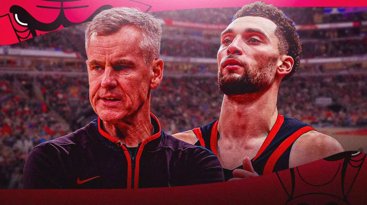 Bulls, Billy Donovan, Zach LaVine, Nikola Vucevic, Zach LaVine injury, Billy Donovan and Zach LaVine with Bulls arena in the background