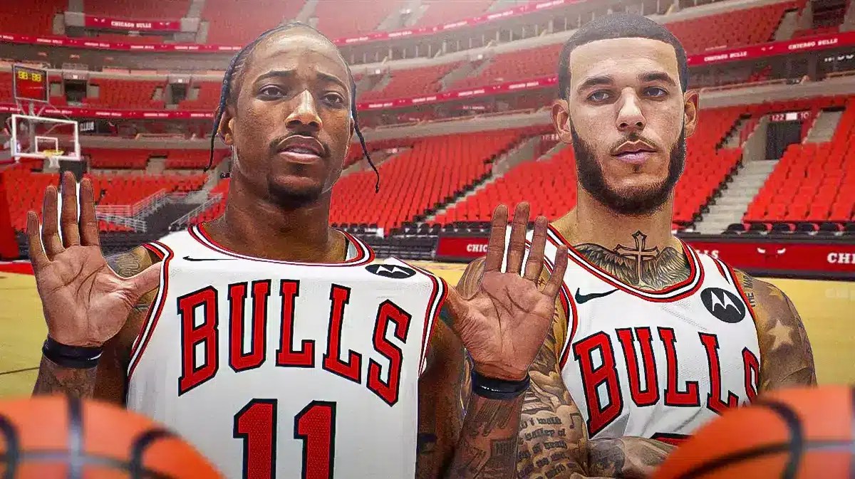 Chicago Bulls stars DeMar DeRozan and Lonzo Ball in front of the United Center.