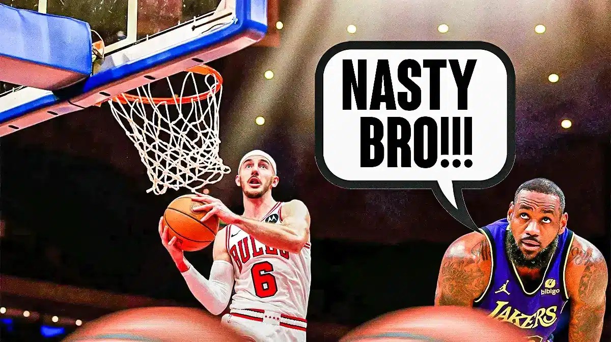 Chicago Bulls swingman Alex Caruso elevating for a dunk, with former Lakers teammate LeBron James watching