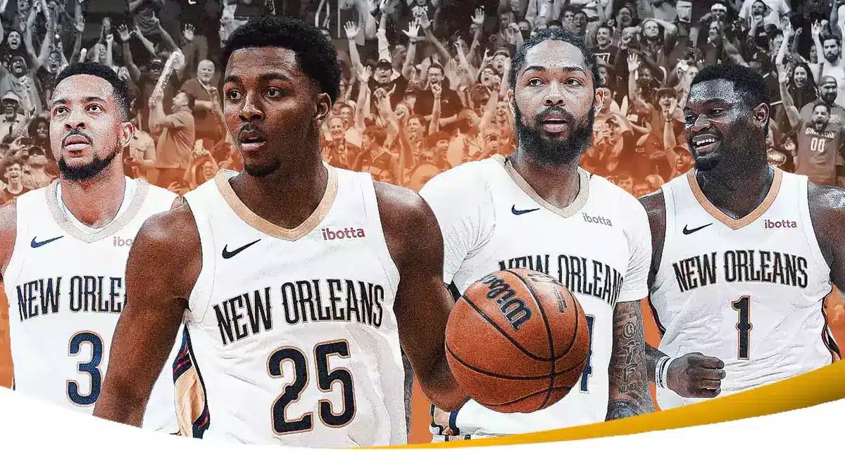 Photo: CJ McCollum, Trey Murphy, Brandon Ingram, Zion Williamson all in action in Pelicans jerseys