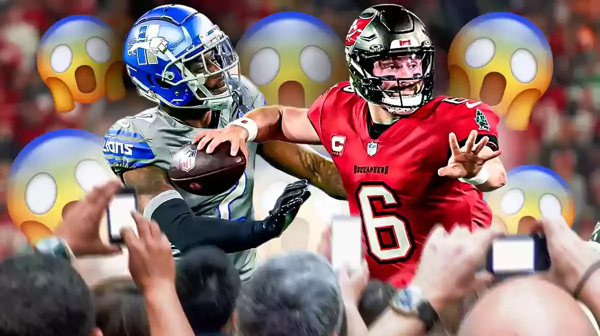 CJ Gardner-Johnson and Baker Mayfield with a bunch of shocked emojis in the background