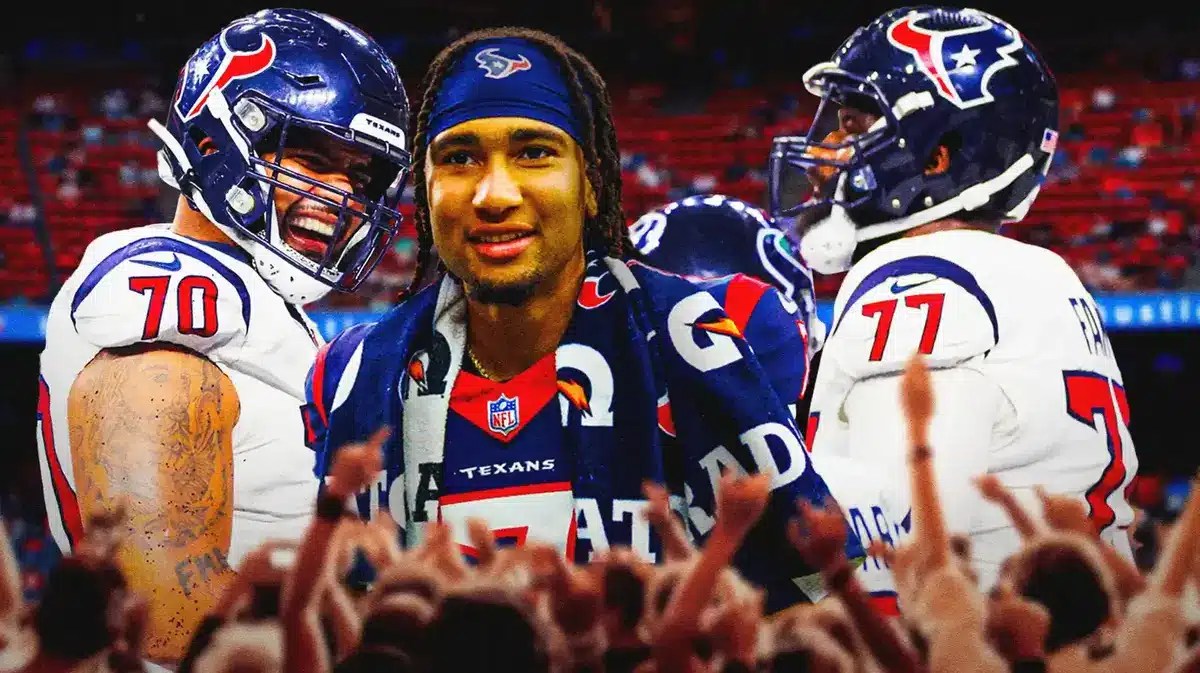 Houston Texans quarterback CJ Stroud surrounded by teammates