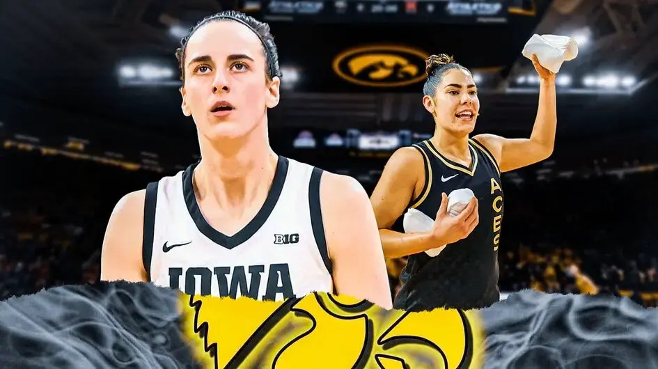 Caitlin Clark alongside Kelsey Plum with the Iowa Hawkeyes arena in the background