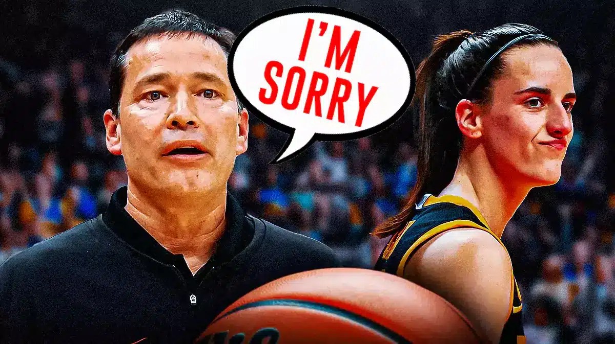 Ohio State women's basketball coach Kevin McGuff saying I'm sorry to Iowa superstar Caitlin Clark after her collision with a fan