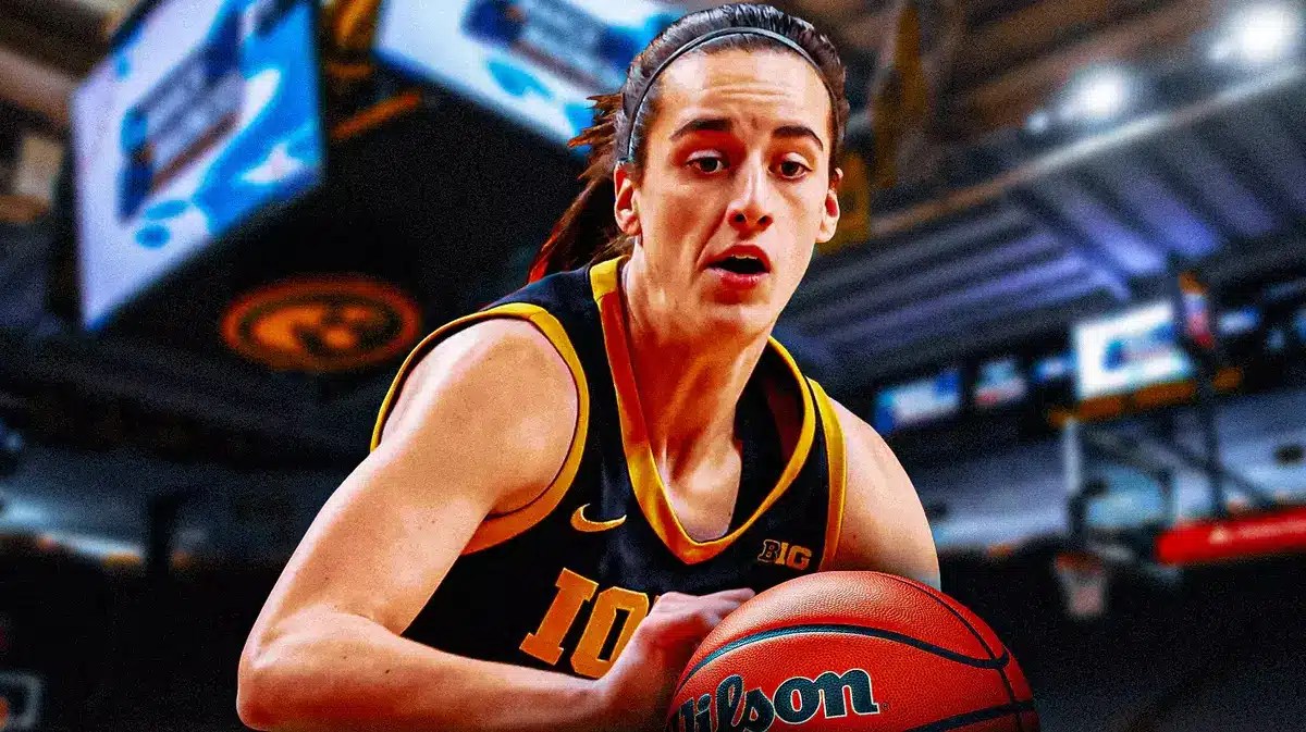 Iowa women's basketball star Caitlin Clark in front of Carver-Hawkeye Arena.