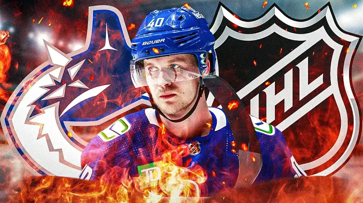 Elias Pettersson in middle of image looking happy with fire all around him, VAN Canucks and NHL logo, hockey rink in background