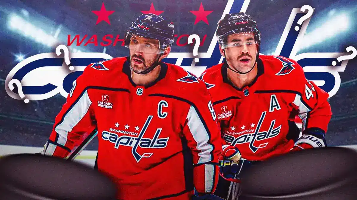 Alex Ovechkin and Tom Wilson both in image looking stern, WSH Capitals logo in image, a few question marks, hockey rink in background