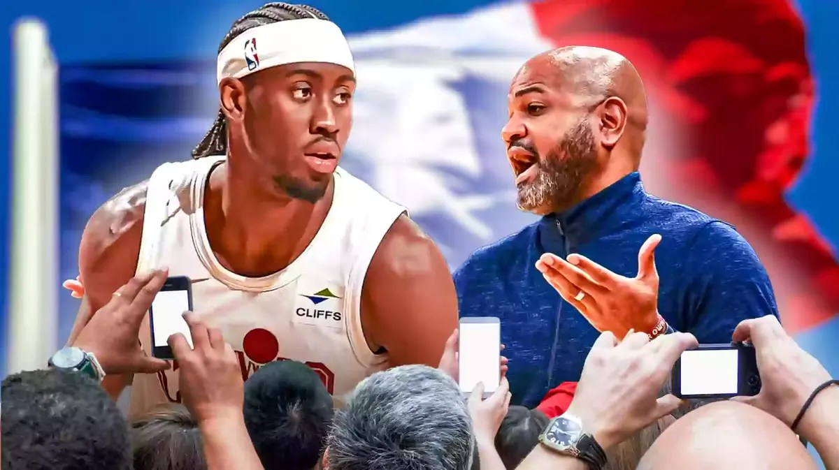 Caris LeVert, JB Bickerstaff. Flag of France in the background