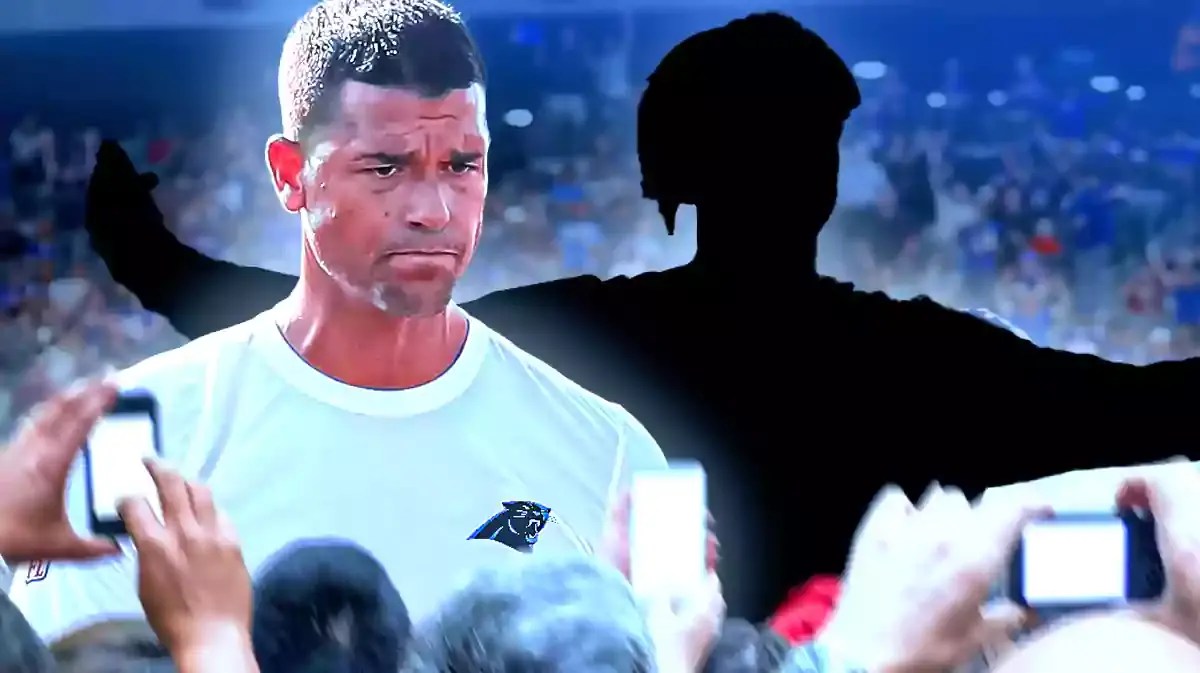 Dave Canales in Panthers gear. Brad Idzik as a silhouette