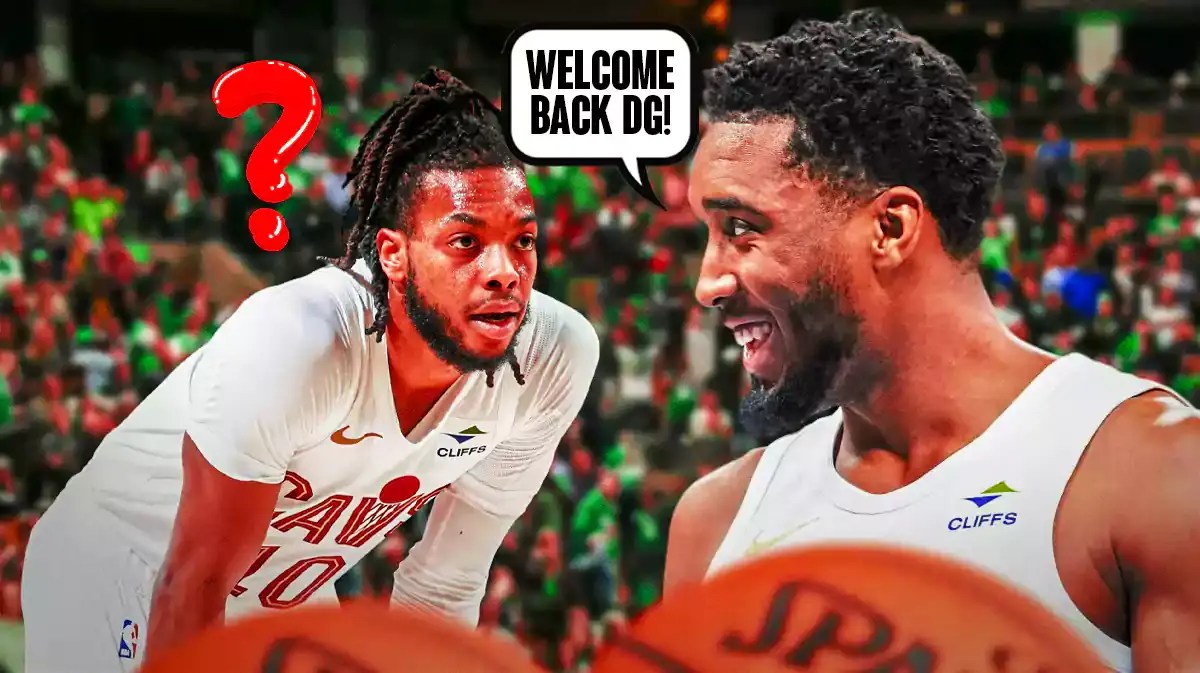 Donovan Mitchell saying "Welcome back DG!" to Darius Garland