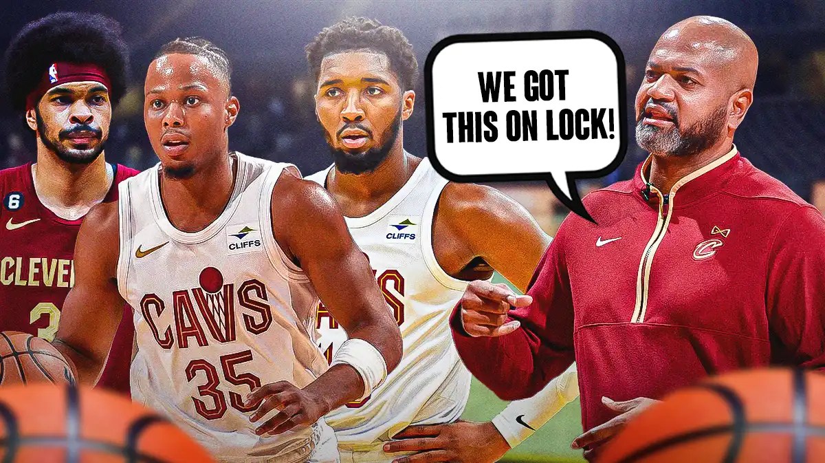 Cavs' Donovan Mitchell, Jarrett Allen, Isaac Okoro and coach JB Bickerstaff saying "We got this on lock!"