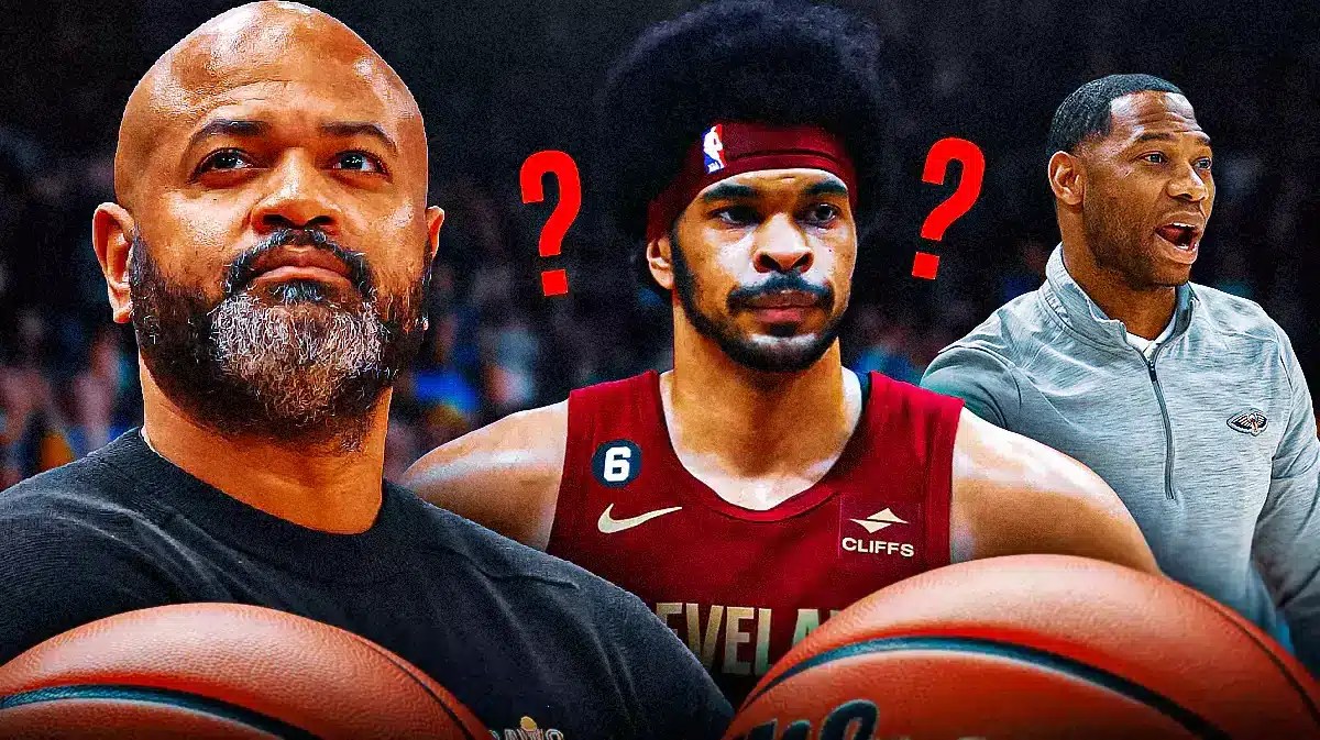 Cavs coach JB Bickerstaff with Jarrett Allen in center and Pelicans coach Willie Green on the side.