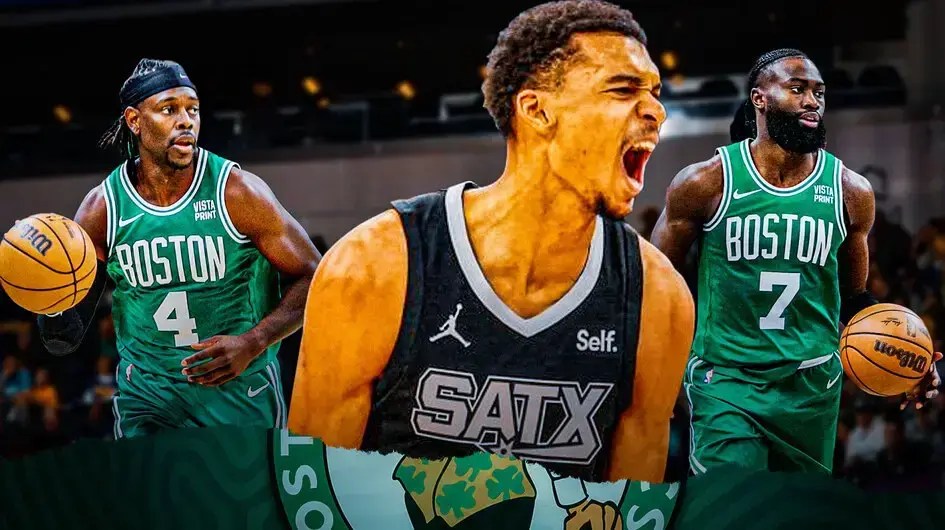 image idea: victor wembanyama looking hyped with a thing of energy around him while Jaylen Brown and Jrue Holiday are on either side of him