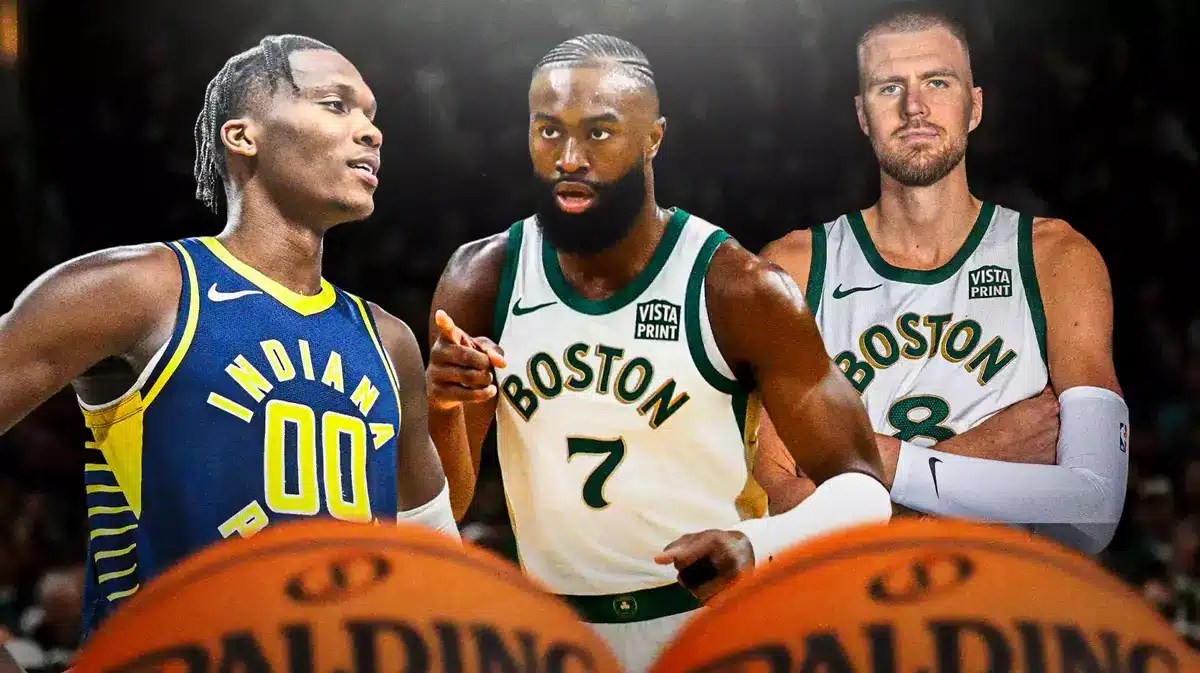 Celtics' Kristaps Porzingis angry, with Pacers' Bennedict Mathurin smiling, Jaylen Brown pointing to Mathuri