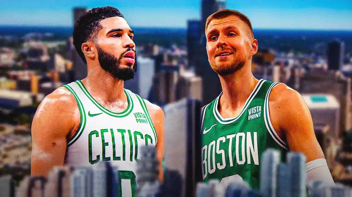 image idea: Jayson Tatum looking serious next to a smiling Kristaps Porzingis on an Indianapolis city background