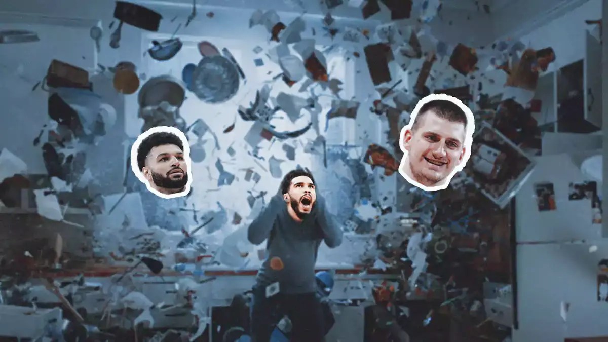 Celtics' Jayson Tatum angry as David Haller from Legion TV series, with the heads of Nuggets' Nikola Jokic and Jamal Murray floating alongside the plates