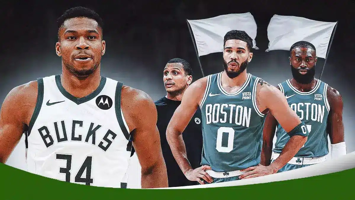 Celtics' Joe Mazzulla, Jayson Tatum, and Jaylen Brown all waving the white flag against Bucks' Giannis Antetokounmpo