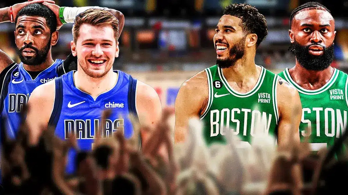 Mavericks' Luka Doncic, Mavericks' Kyrie Irving on left both playing basketball. Celtics' Jayson Tatum, Celtics' Jaylen Brown both playing basketball on right.