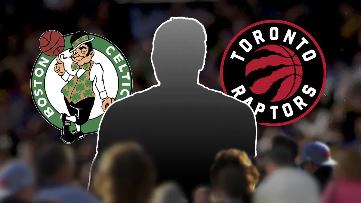 A silhouette of Chris Boucher with the Celtics and Raptors logos in the background