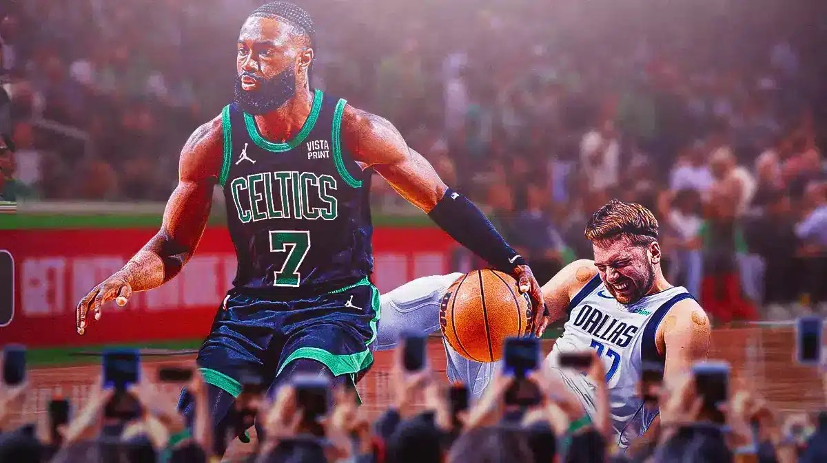 Celtics Jaylen Brown crossing up Mavericks Luka Doncic
