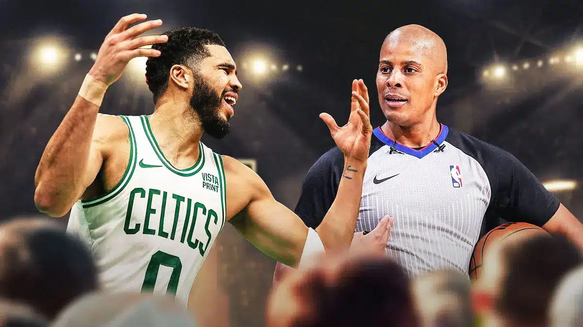 Celtics star Jayson Tatum yells at a referee