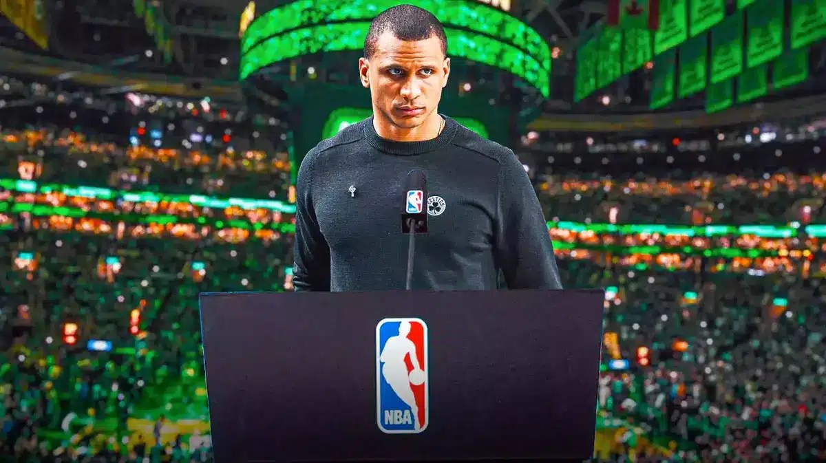 Celtics coach Joe Mazzulla at the podium
