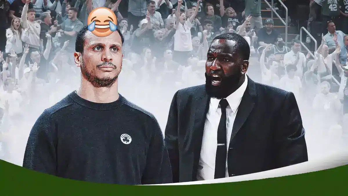 Celtics head coach Joe Mazzulla, laughing emoji above him, Kendrick Perkins