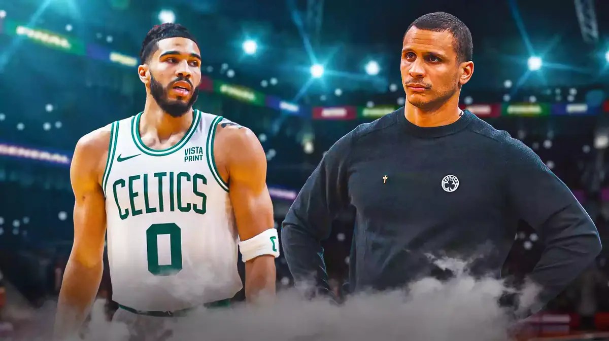 Celtics head coach Joe Mazzulla looking serious with Jayson Tatum