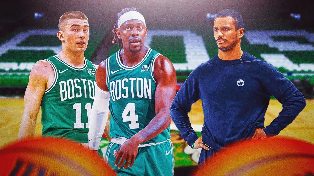 Celtics coach Joe Mazzulla with Jrue Holiday and Payton Pritchard
