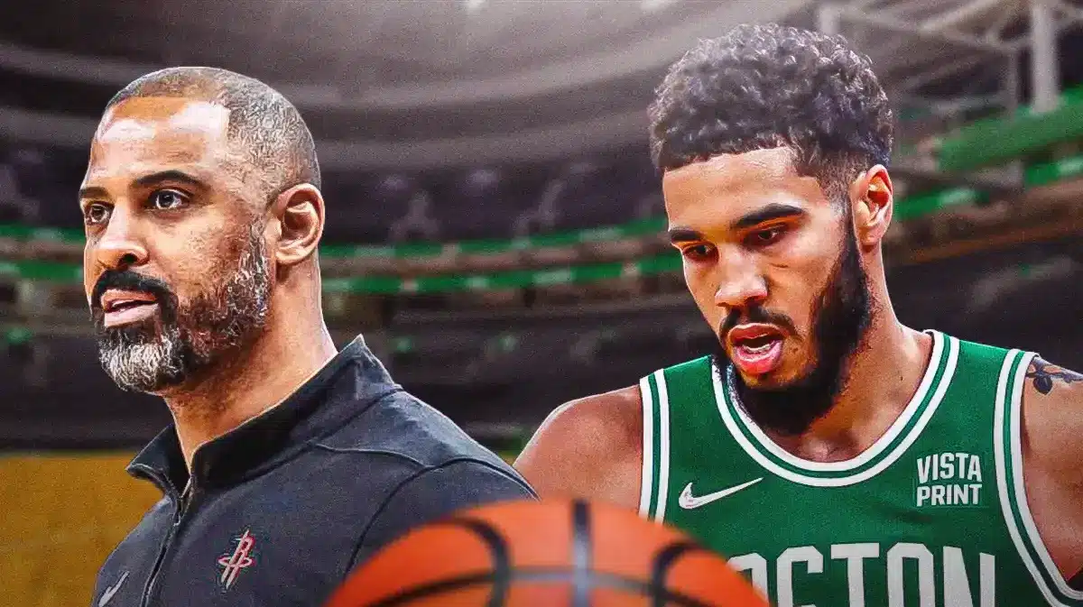 Jayson Tatum and Ime Udoka (in rockets gear) looking serious on a TD Garden background