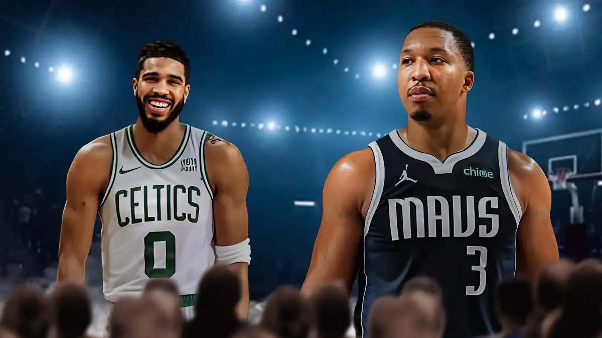 Jayson Tatum laughing next to a serious/mad Grant Williams