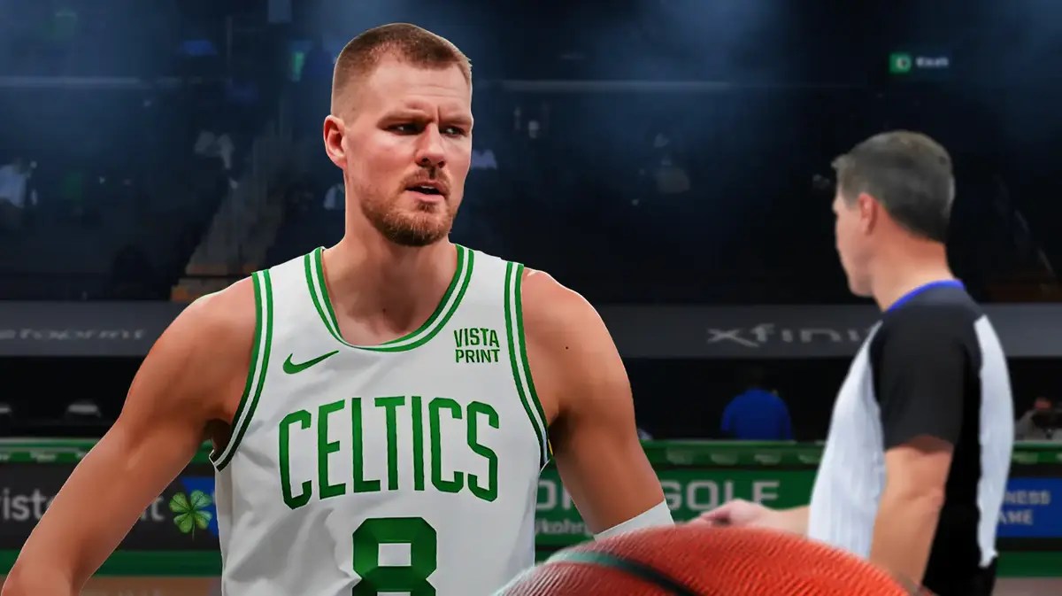 Porzingis looking shocked/upset next to an NBA ref on a basketball court background.