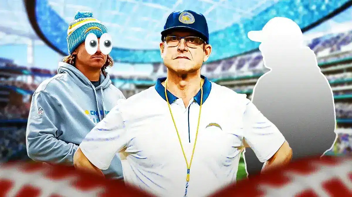 Jim Harbaugh in Chargers gear, Justin Herbert with eyes popping out. Silhouette of a person in the background