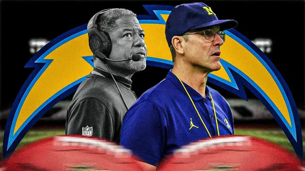 49ers defensive coordinator Steve Wilks next to Michigan coach Jim Harbaugh, both interested in the Chargers head coaching job