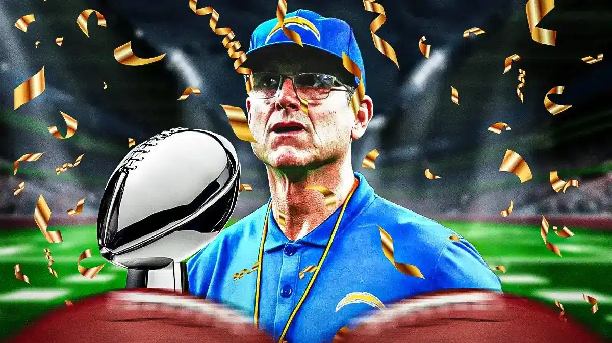 Photo: Jim Harbaugh in Chargers gear with Super Bowl trophy and confetti in the back