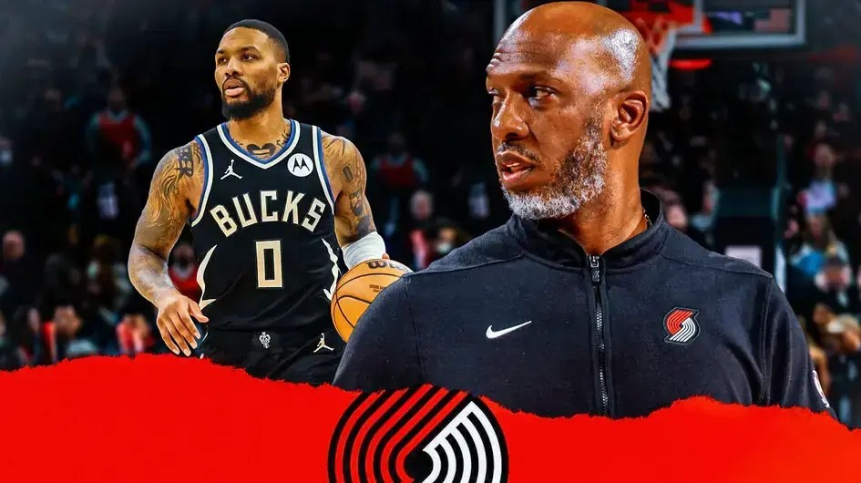 Bucks' Damian Lillard stands next to Trail Blazers coach Chauncy Billups