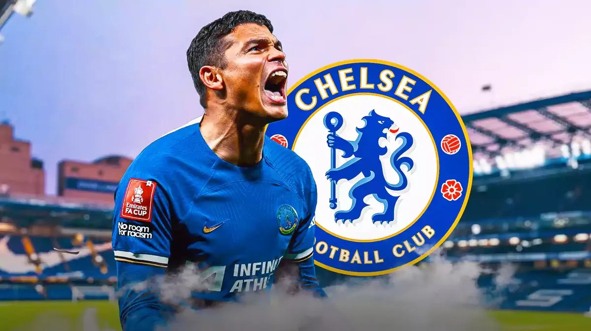 Thiago Silva shouting in front of the Chelsea logo