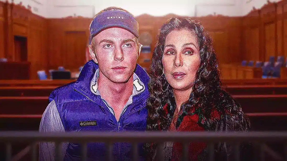 Cher and Elijah Blue Allman with a court room behind her