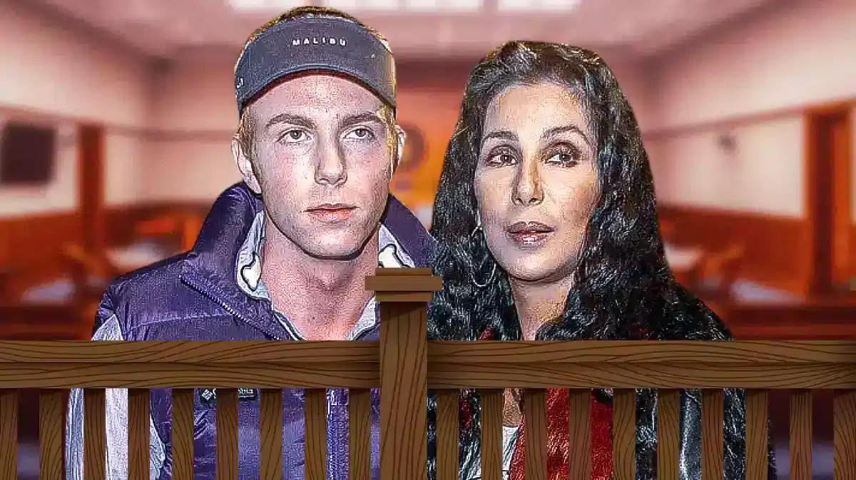 Cher and her son Elijah Blue Allman with a court room behind him