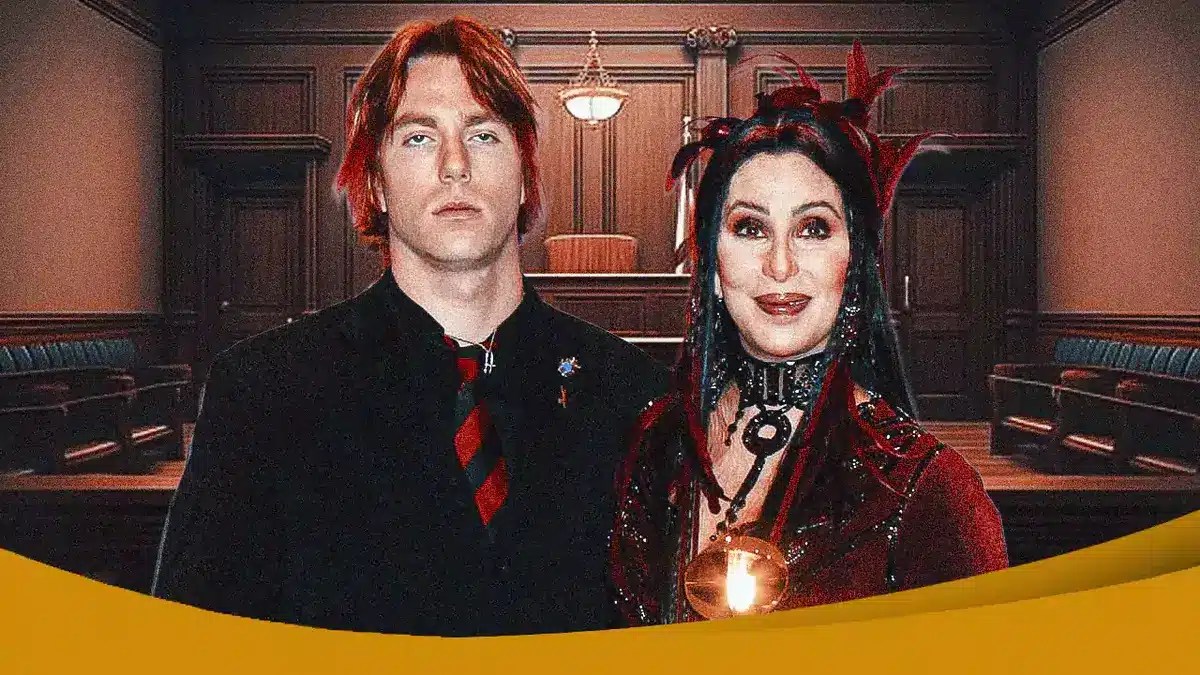 Cher and her son Elijah Blue Allman with a court room behind them