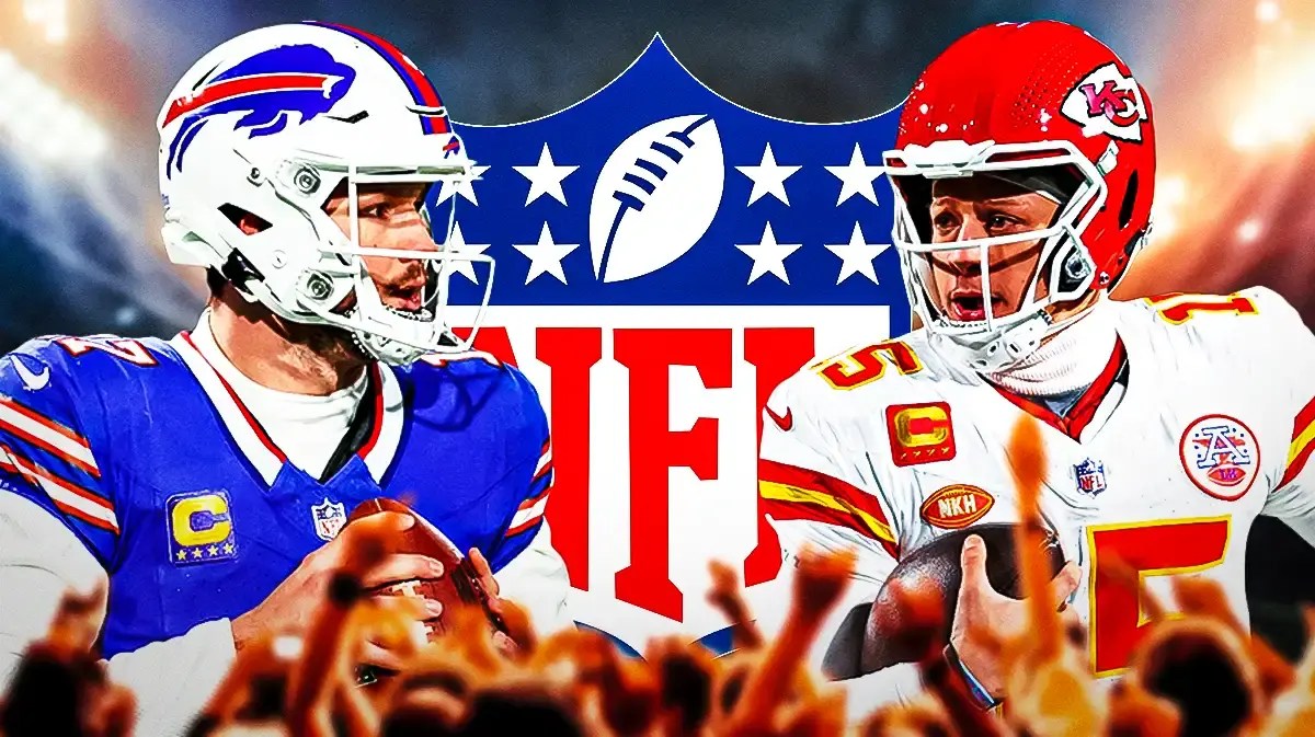 Photo: Patric Mahomes and Josh Allen with fans in the back and NFL logo in the back