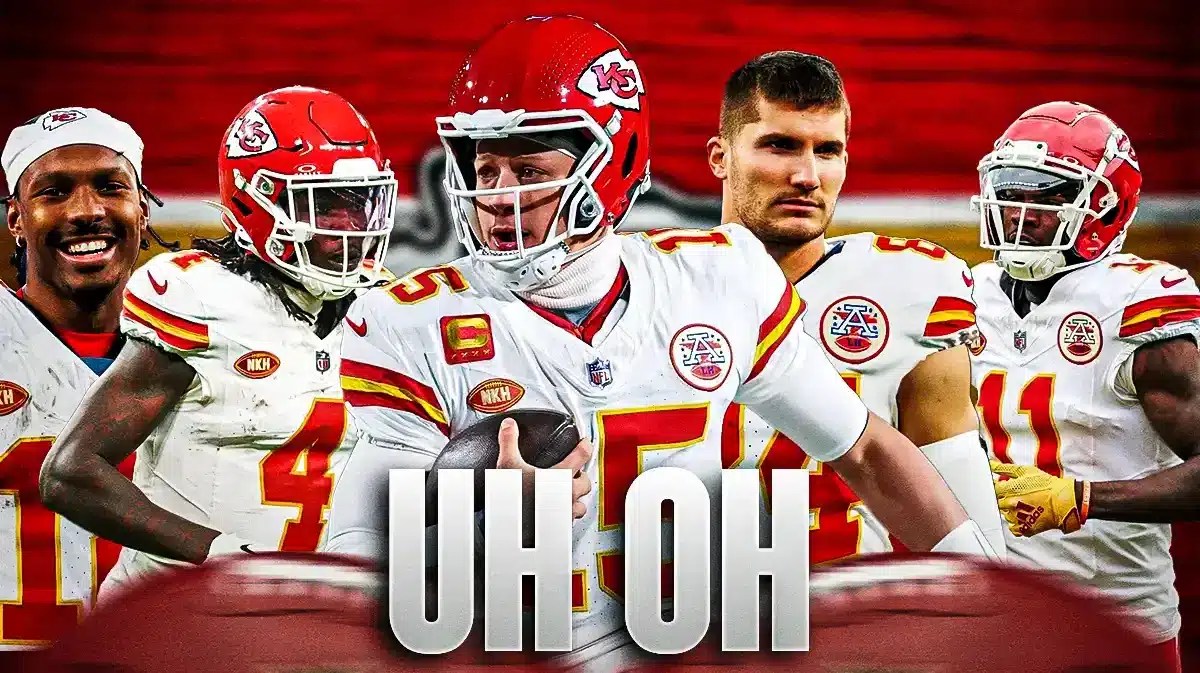 Patrick Mahomes, Rashee Rice, Justin Watson, Marquez Valdes-Scantling, Mecole Hardman Jr beside each other, and Kansas City Chiefs wallpaper in the background.