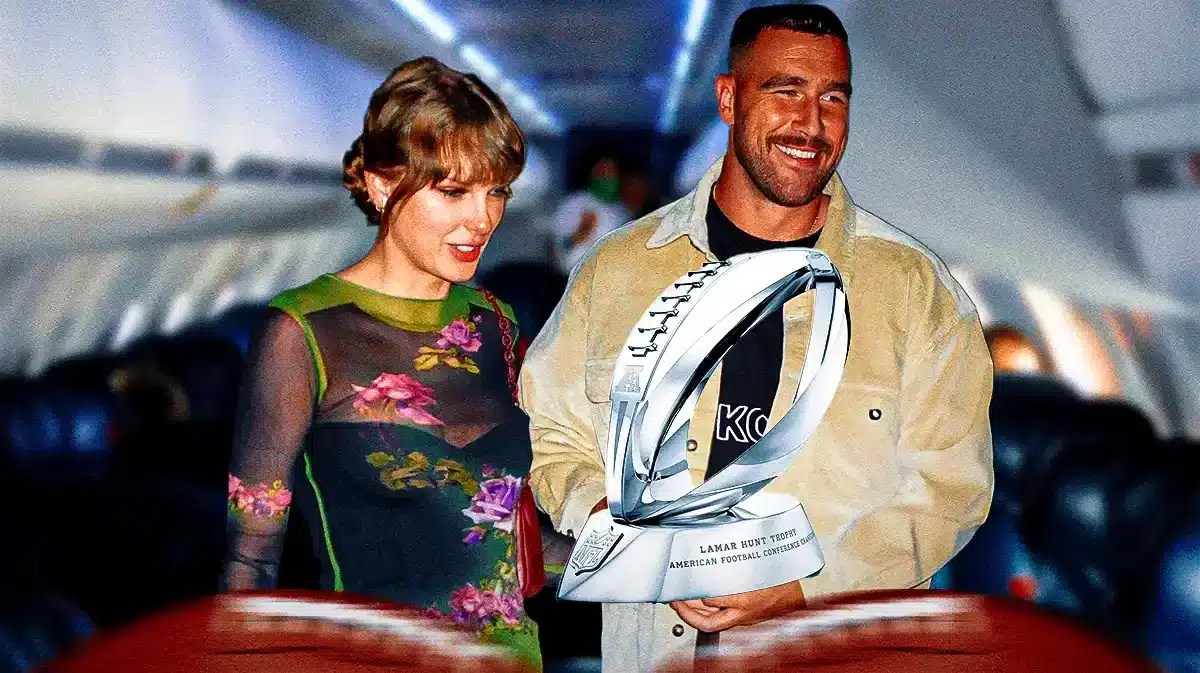 Chiefs' Travis Kelce, Taylor Swift in an airplane.