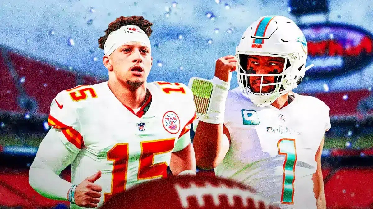 Photo: Patrick Mahomes in Chiefs uniform, Tua Tagovailoa in Dolphins uniform, Arrowhead stadium the back with snow everywhere