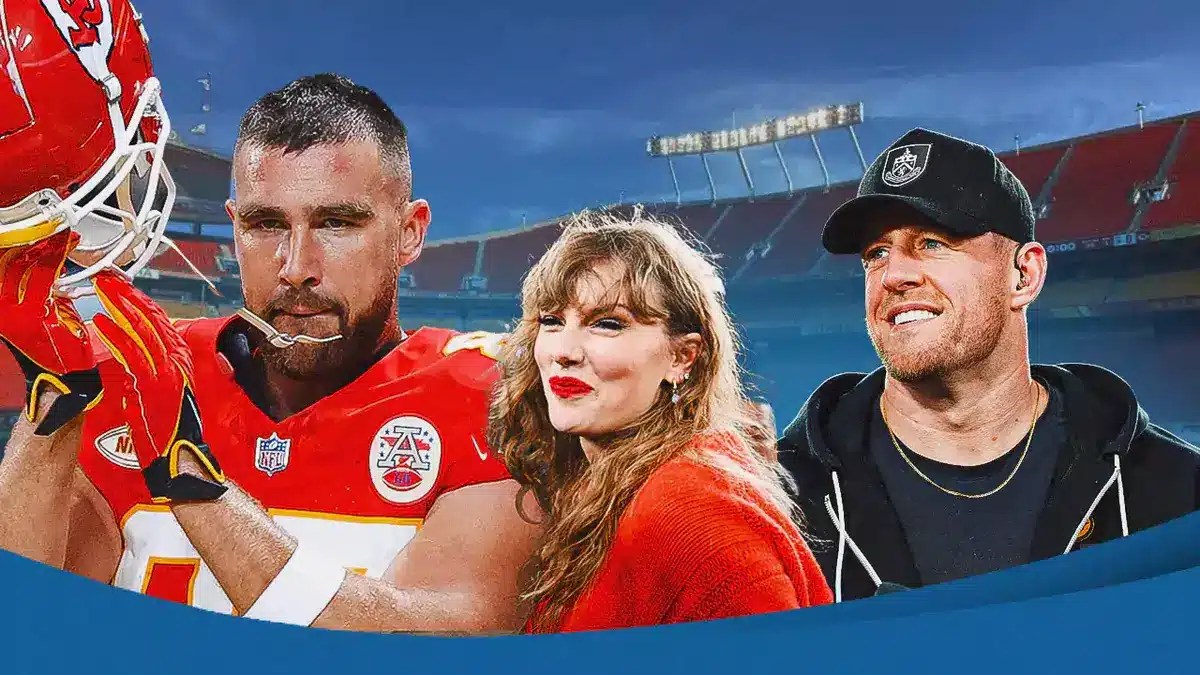 JJ Watt with Taylor Swift and Patrick Mahomes Chiefs teammate Travis Kelce