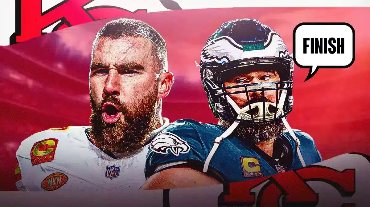 Eagles' Jason Kelce telling Chiefs' Travis Kelce to finish