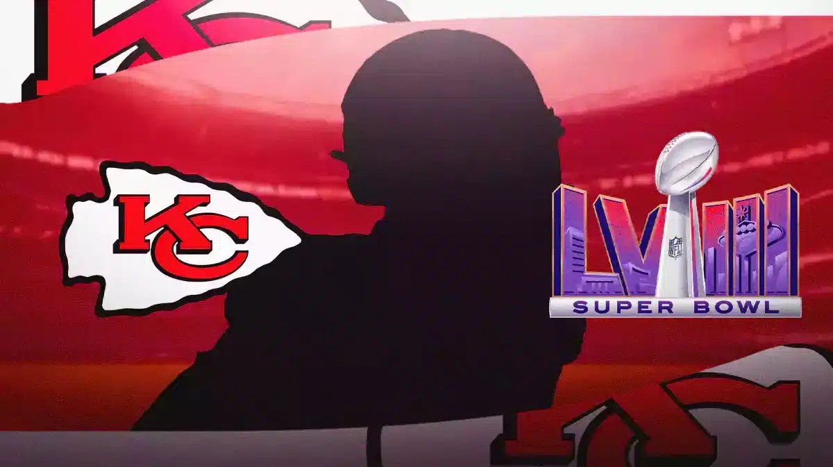 Joshua Williams as a silhouette, Chiefs logo, Super Bowl 58 logo