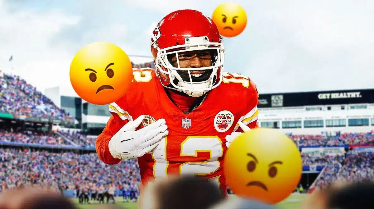Mecole Hardman, angry emojis around him. Highmark Stadium in background