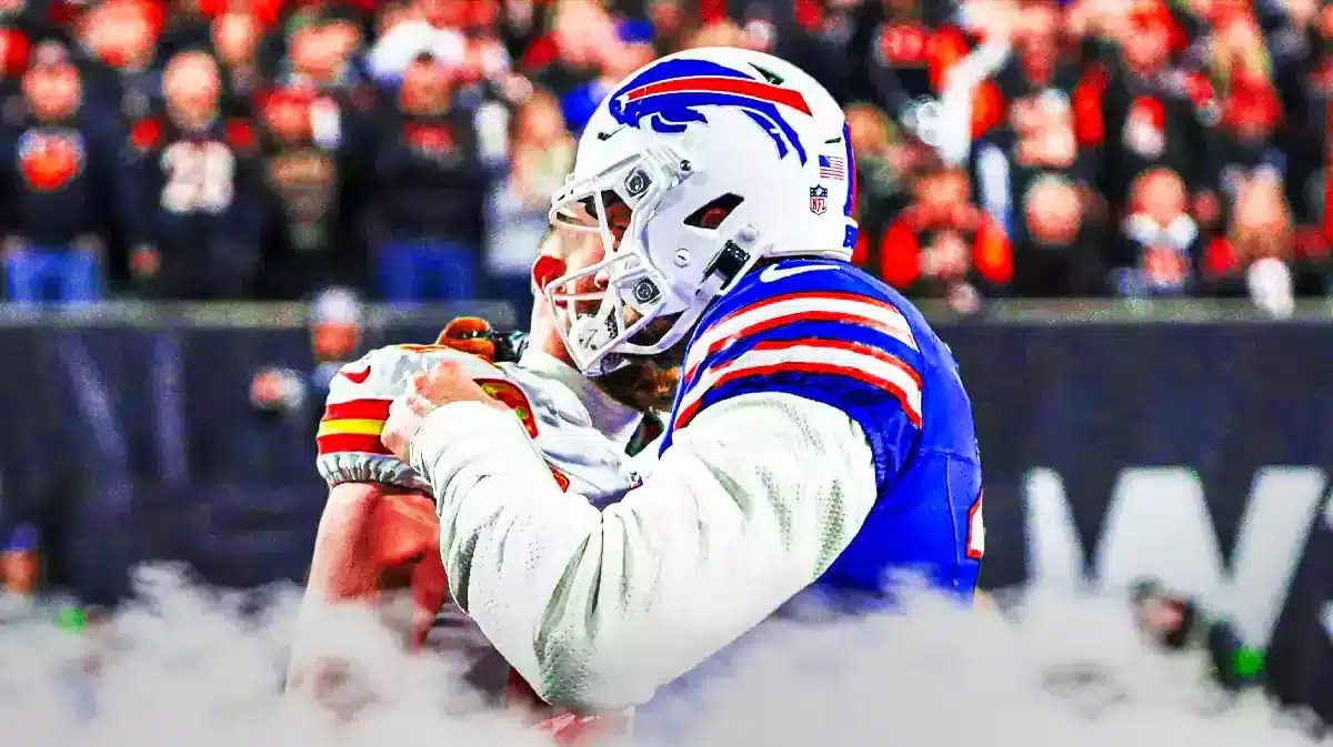 Kansas City Chiefs tight end Travis Kelce and Buffalo Bills QB Josh Allen hugging it out